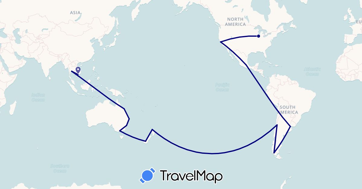 TravelMap itinerary: driving in Argentina, Australia, Chile, Mexico, New Zealand, Thailand, United States, Vietnam (Asia, North America, Oceania, South America)
